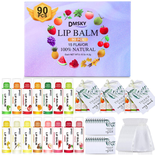 DMSKY 90 Pack Lip Balm, Natural Lip Balm Bulk with Vitamin E and Coconut Oil, Moisturizing Lip Balm for Chapped Lips, Bulk Lip Balm for Women-15 Flavors