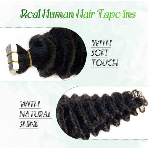 Deep Wave Tape in Hair Extensions Human Hair, 18 Inch Black Hair Extensions Real Remy Human Hair Curly Tape ins for Black Women,20pcs Double Sided Invisible Tape Hair Extension 50g/pack
