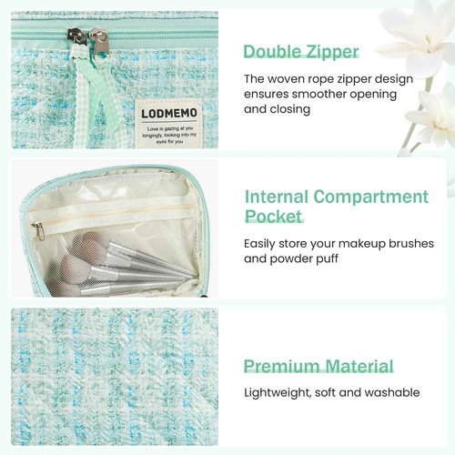 Lodmemo Makeup Bag 3 PCS Quilted Cosmetic Bags for Women, Large Travel Make up Bag Set Cute Cotton Toiletry Bag Organizer Pouch for Purse, Green