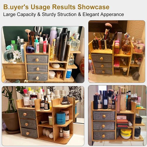 Large Bamboo Makeup Organizer For Vanity, Large Capacity 3 Tiers Bamboo Bathroom Counter Organizers and Storage, Countertop Make Up Skin Care Holder with 3 Brush Holders 3 Drawers 7 Compartments