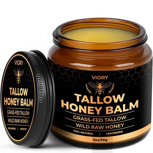 VIORY Tallow and Honey Balm for Face, Beef Tallow for Skin, Moisturizer with 100% Organic Grass-Fed Beef Tallow & Raw Wild Honey - Natural Formula for Dry & Sensitive Skin (Unscented)