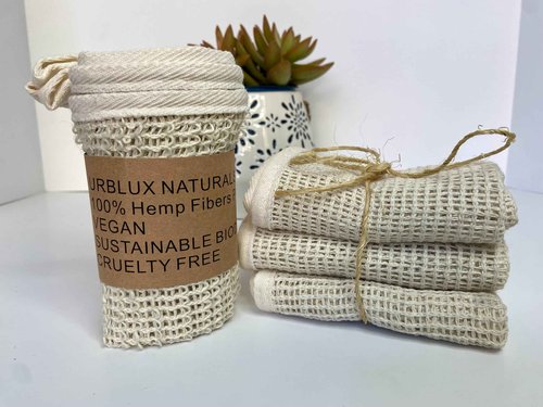 URBLUX Natural Hypoallergenic Hemp Washcloth Exfoliating Towel Set; Bath & Shower (12x12) Body Face Cloth; Breathable Fast Drying Naturally Odor Free (3PK)