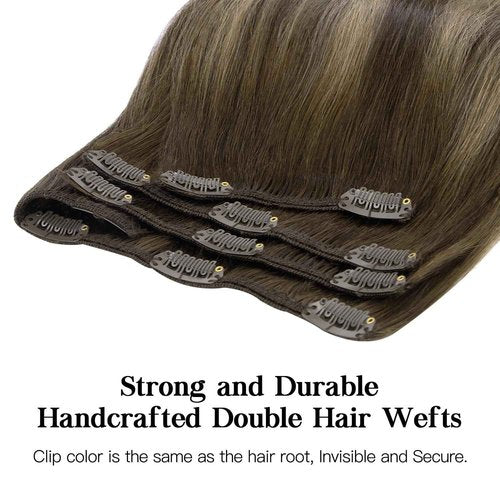 HOTBANANA Human Hair Clip in Hair Extensions, Balayage Chocolate Brown with Honey Blonde 120g Clip in Hair Extensions Real Human Hair Straight Remy Hair Clip Ins Dark Roots Ombre 14 Inch 7pcs