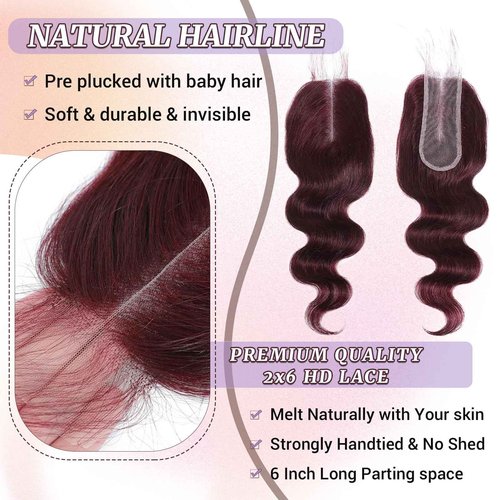 DSEKCAIN 2x6 HD Lace Closure Human Hair Body Wave 99J Burgundy Dark Red Wine Color Transparent Lace Closure 2x6 Long Deep Middle Part 100% Raw Virgin Human Hair 12 Inch 150% Density