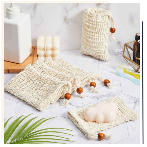 Cunhill 80 Pack Soap Saver Bag Exfoliating Sisal Soap Pouch with Drawstring Bar Wooden Bead Foaming and Drying Exfoliating Net for Bath and Shower (3.5x5.5 Inch)