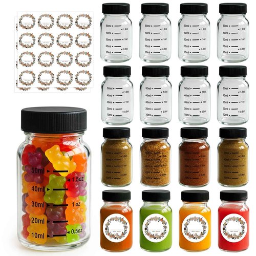WERTIOO 16 Pack 2oz Glass Shot Bottles with Black Caps – Leakproof Wellness Shot Glass Bottles with ml & oz Scale – Mini Glass Jars with Lids for Juicing, Ginger Shots, Home & Party Favors