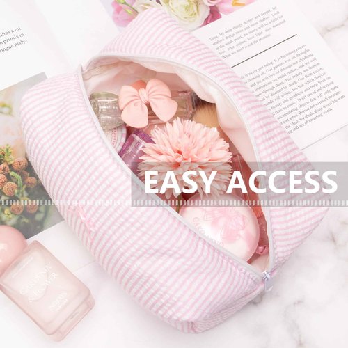 Cozy Makeup Bag Travel Cosmetic Bag for Women Soft Toiletry Bag Aesthetic Makeup Organizer Portable Large Zipper Pouch for Skincare Beauty Accessories Brushes Stripe Pink