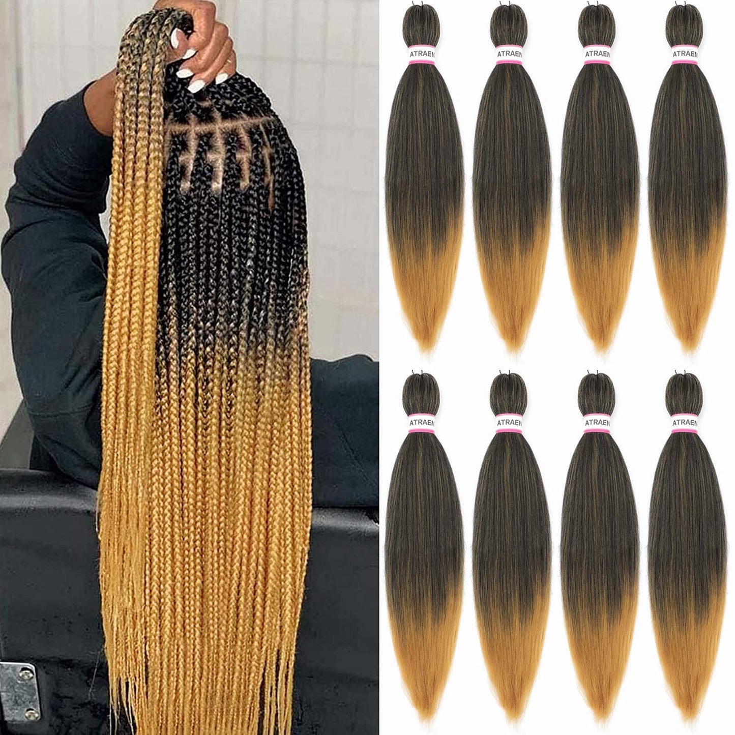 Pre Stretched Braiding Hair 8 Packs - 18 Inch Ombre Braiding Hair,Two Tone Yaki Texture Prestretched Crochet Braids Hair,Professional Synthetic Hair Extension Itch Free Hot Water Setting(18"T1B/27)