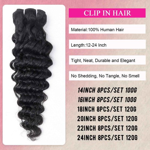 Deep Wave Clip in Hair Extensions Real Human Hair 16 Inch Deep Curly Clip ins for Women Invisible Seamless Remy Human Hair Clips in Extensions 8pcs 100g/3.5oz 20 Clips Double Weft Natural Black