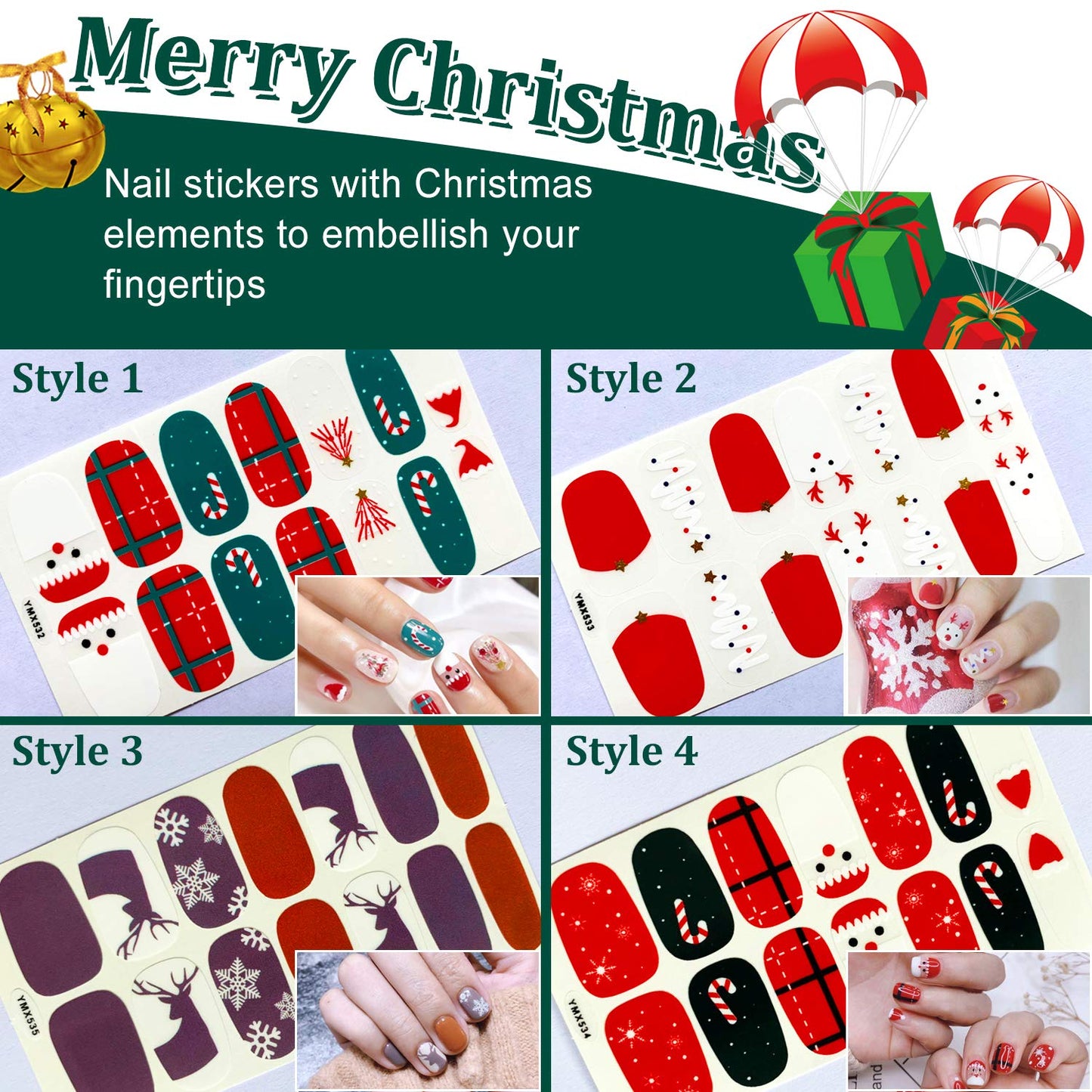 Kalolary 12 Sheets Christmas Full Wraps Self-Adhesive Nail Polish Stickers with 1Pcs Nail File, Nail Art Full-Cover Sticker for Women Winter Christmas Party Nail Decorations