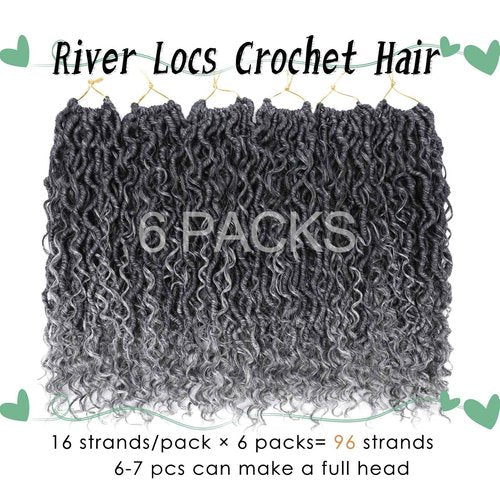 LIYATE Goddess Locs Crochet Hair 14 Inch 6 Packs Faux Locs Crochet Hair for Black Women Pre Looped Soft River Locs Crochet Braids with Curly Hair Bohemian Hippie Locs Hair Extensions(T1B/Gray)
