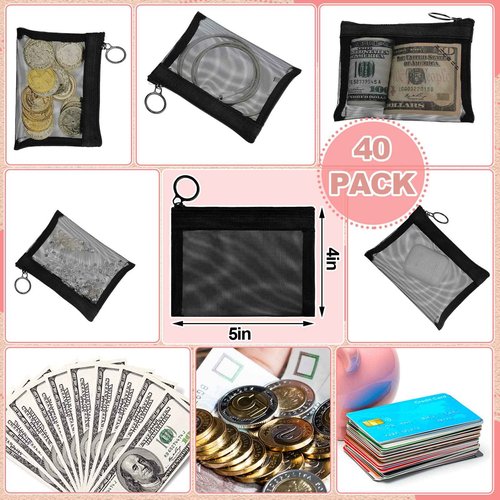 Black Small Zipper Pouch Mesh Mini Cosmetic Bag Coin Purse Bulk Mesh Coin Pouch Organizer for Women Travel Home, 5 x 4 Inch(40 Pcs)