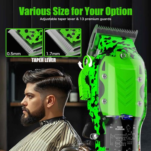 Professional Hair Clippers for Men, Cordless Barber kit for Hair Cutting & Grooming, Green Hair Clippers Set for Barber Haircut with LED Display 8 Fade Taper Combs