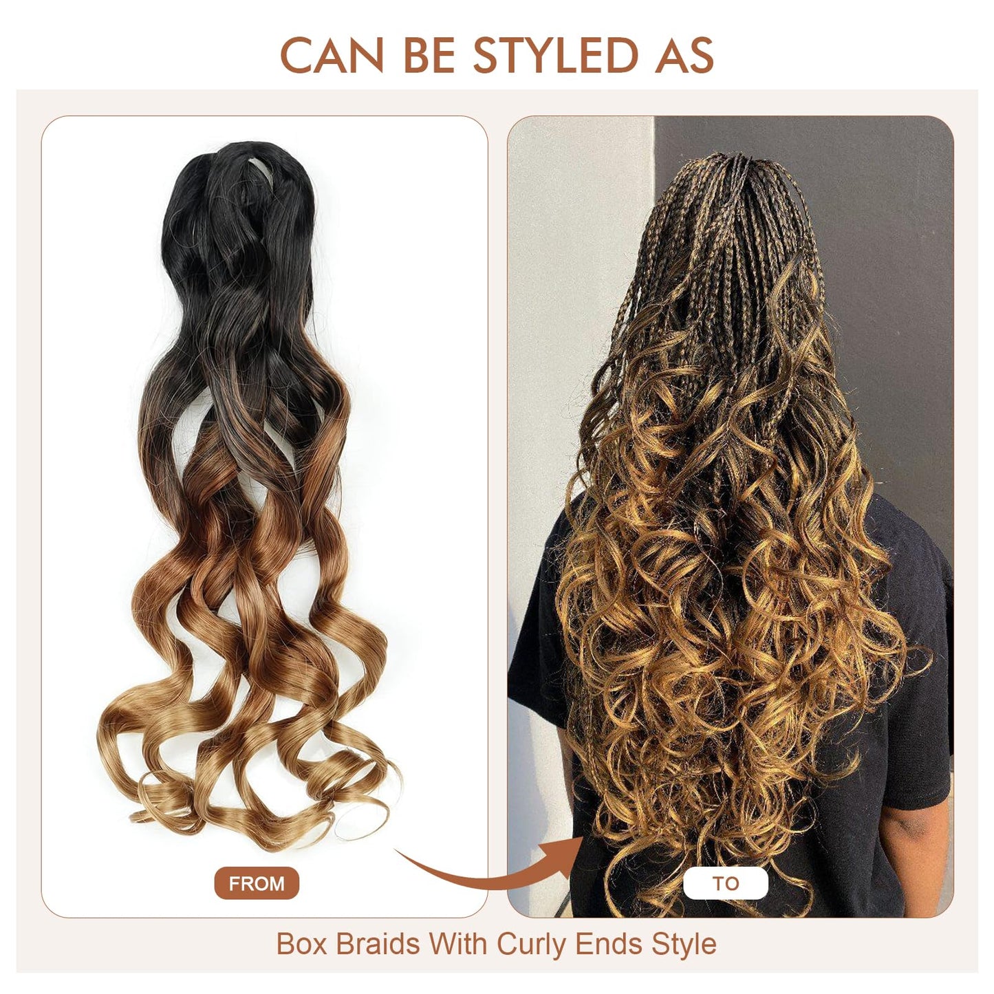 DIFUNEE French Curly Braiding Hair - 20 Inch 8 Packs Ombre Brown 3 Tones Pre-Stretched French Curl Braiding Hair, Loose Wavy Bouncy Synthetic Crochet Hair Extensions (20 Inch, OT30/27-8P)