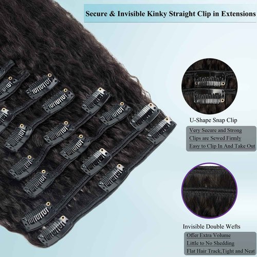 CiTake 16 Inch Yaki Straight Clip in Hair Extensions Real Human Hair for Black Women 90g/8pcs Double Weft 10A Brazilian Kinky Straight Clip ins 100% Virgin Human Hair Clip in Extensions Natural Black