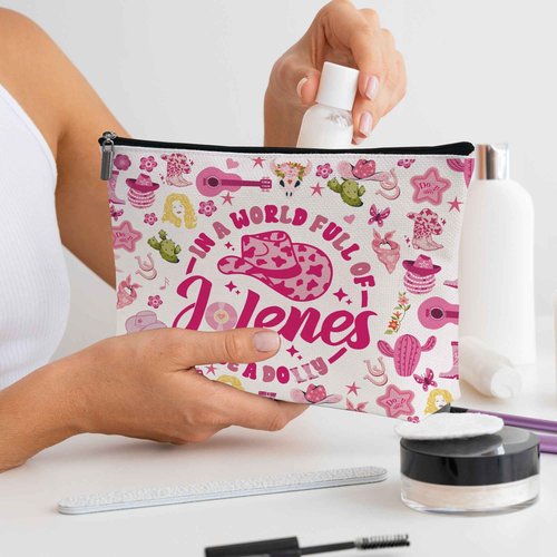 Wybgno Pink Cowgirls Makeup Bag, Country Music Lover Gift Silky Lining Cosmetic Pouch, Western Country Pink Dolly Theme Gift for Women Country Music Fans