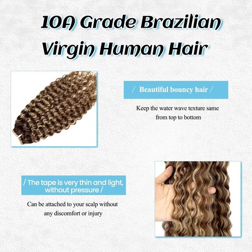 Water Wave Tape in Hair Extensions Human Hair, Ombre Chocolate Brown to Strawberry Honey Blonde Highlights Invisible Loose Curly Tape ins for Black Women Skin Weft Glue in Real Remy Extension 14 Inch