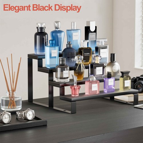 Boulphia Cologne Organizer for Men, 12 Inch Wood Cologne Stand 4 Tier Perfume Organizer for Dresser, Versatile Step Display Stand Shelf for Fragrance, Skincare, Figurine, Dessert, 1 Set Black