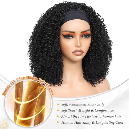Urbeauty Short Kinky Curly Headband Wigs for Black Women Human Hair Soft Feeling Protein Silk Synthetic Hair Soft Lightweight Glueless Quick Install, Beginner Friendly Daily & Flip Over Wig