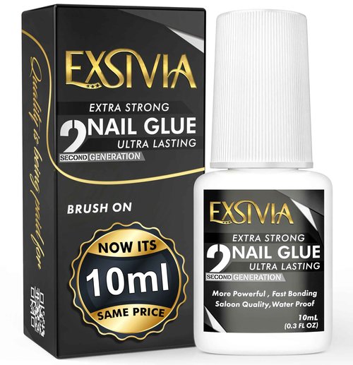 Super Strong Nail Glue for Press On Nails, Acrylic Nails & Nail Tips (10ml) Exsivia 2nd Gen NailBond for Fake Nails, Extra Strength,Long Lasting, Brush on Adhesive, No Dehydrator or Primer Needed
