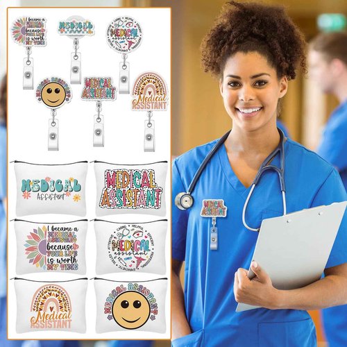 Kacctyen 12 Pcs Christmas Medical Assistants Gifts for Women 6 Boho Makeup Bag 6 Badge Holder Retractable Badge Reels Medical Assistant Appreciation Gift for MA Doctor Nurse Rn Accessories Essentials