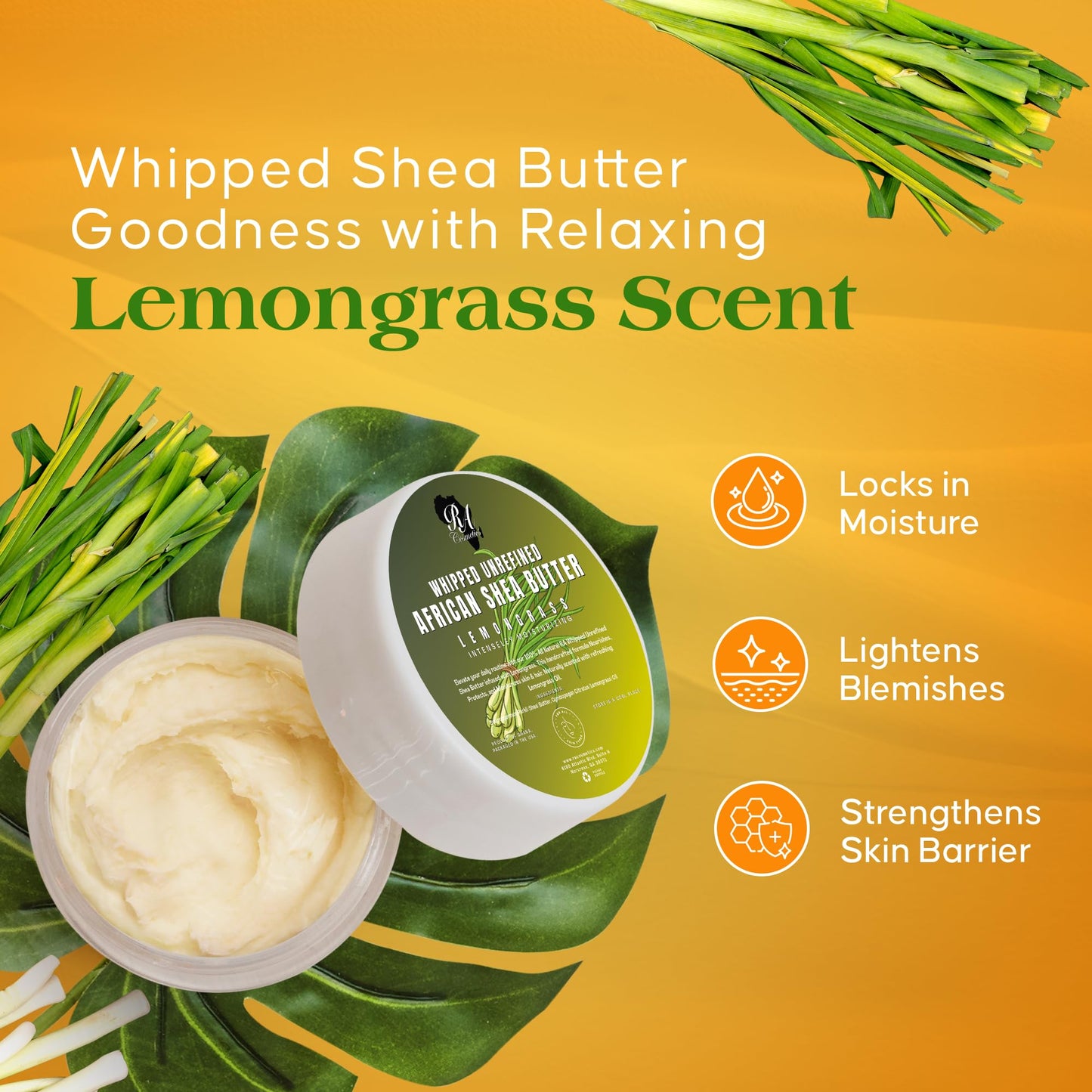 RA COSMETICS Whipped Shea Butter Lemongrass - 100% Pure and Natural African Shea Butter - Ultimate Handcrafted Moisturizer with Essential Vitamins for Radiant Skin and Luscious Hair - 6oz Jar