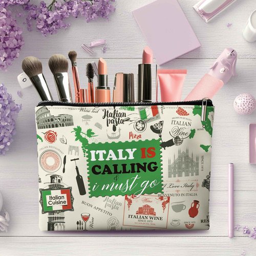 Italy Travel Gifts Bag, Italy is Calling I Must Go, Retro Stamp Italy Organizer Bag. 10x7 Inches