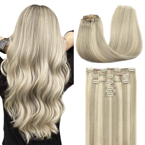 MAXITA Clip in Hair Extensions Real Human Hair, Remy Human Hair Clip in Extensions for Women, Natural Human Hair, 14inch 60g 5Pcs, Balayage Ash Blonde Highlighted Platinum Blonde