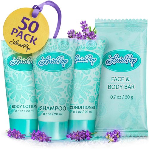 LavaPop - Travel Size Hotel Toiletries Bundle - Iris, Violet & Amber, 0.7 oz each, 200 Pcs - 4-Piece Set: 50 Rectangular Bar Soap, 50 Shampoo, 50 Conditioner & 50 Body Lotion - Bulk Small Toiletries