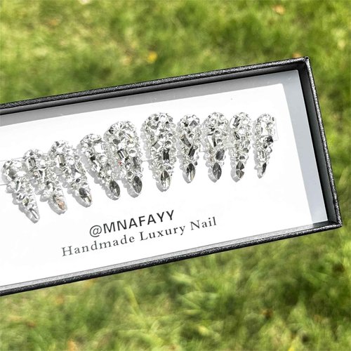 MNAFAYY Luxury Gems 100% Handmade Nails Long Stiletto Press On Nails Full Cover 3D Rhinestone Crystal Gorgeous Reusable UV Finished Fake False Nails Acrylic Nail Kit With Box Gifts for Women10PCS