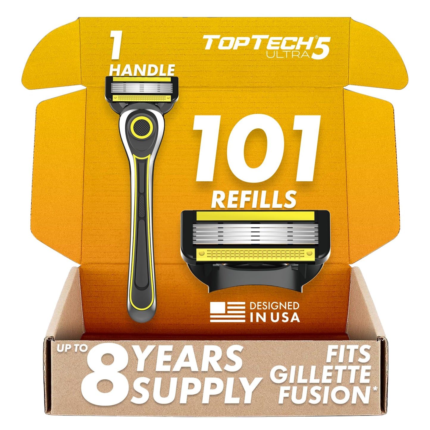 TopTech ULTRA 5 Razors for Men - Shaving Razor & Refills - (Handle + 101 Replaceable Cartridges) - 5 Blades Technology - Fits Gillette Fusion - Soft Shave Super Sharp - Best Refill Price - Wholesale