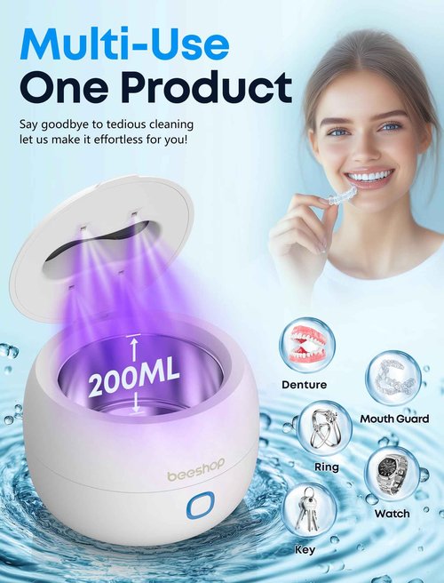 BEESHOP 2025 Ultrasonic Retainer Cleaner Machine – 45kHz Dental Pod for Retainers, Mouth Guards, Braces, Aligners & Jewelry, Denture Cleaner with 3 Modes, 200ml Capacity (White)