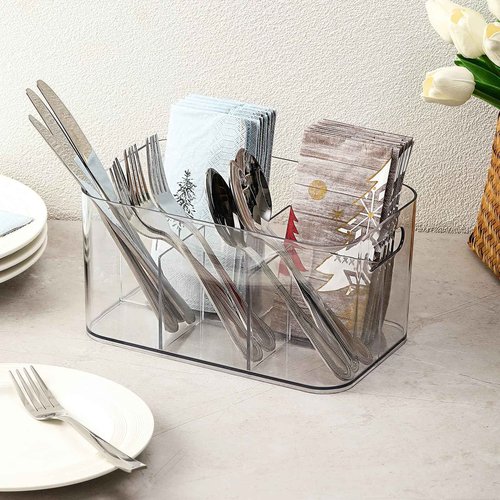 2 Pack, 5-Compartment Clear Plastic Bin - Divided Art Supplies, Cosmetic Makeup Caddy Organizer - Multiuse Storage Container for Vanity, Bathroom, Kitchen, Office, Craft, Shower, Cleaning Items