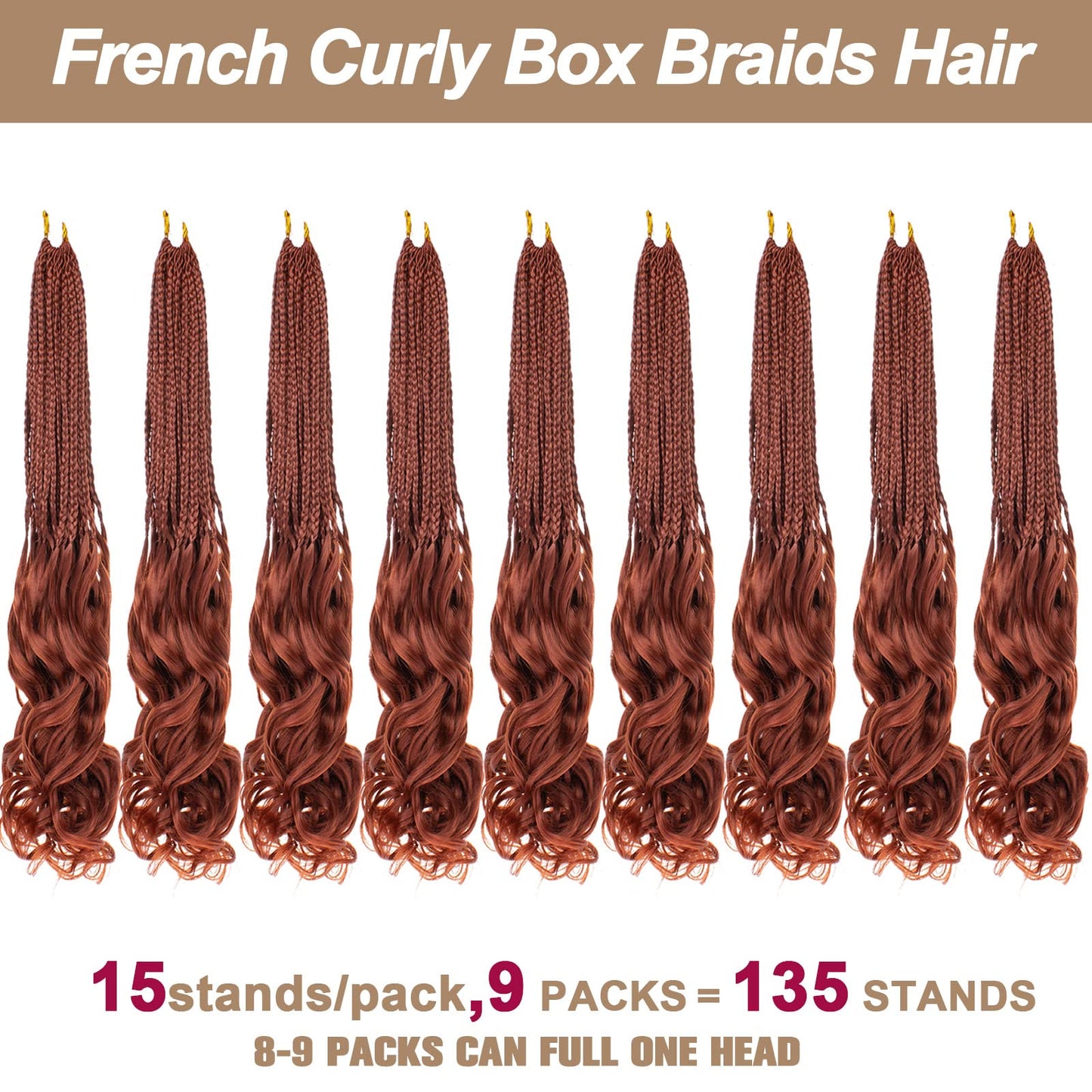 COOKOO 14 Inch 9 Pack Copper Red Pre Looped French Curly Box Braids Crochet Hair Ginger French Curl Braiding Hair Bouncy Loose Wave Crochet Box Braids for Black Women 350#