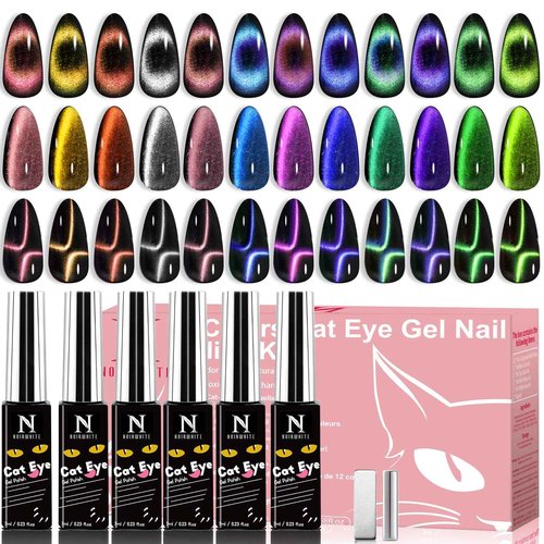 noirwhite Cat Eye Gel Nail Polish, 12 Colors Sparkly Glitter 9D Chameleon Magnetic Nail Polish Set with Magnet Base Top Coat Soak Off LED UV Nail Art DIY Manicure Home Salon Gift for Women