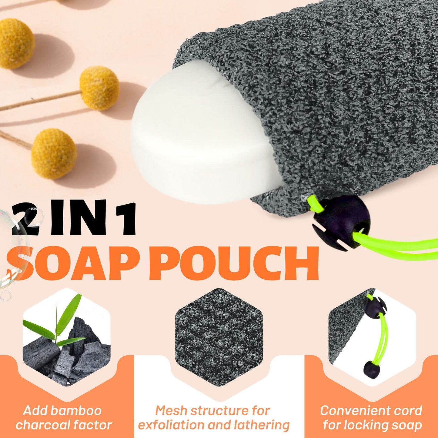 MIG4U Exfoliating Soap Bag for Shower 2 Pieces - Bar Soap Saver Pouch, Bamboo Body Scrubber Exfoliator Pocket in Travel Bathing, Grey