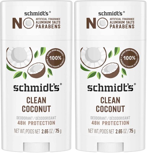Schmidt's Aluminum-Free Vegan Deodorant Clean Coconut for Women and Men, with 24 Hour Odor Protection, Natural Ingredients, Cruelty-Free, 2.65 oz (Pack of 2)
