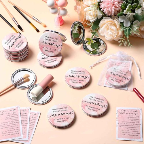 Geetery 12 Sets Christmas Inspirational Compact Mirror Gifts for Women Bulk Reminder Sisterhood Double Sided Folding Thank You Gifts for Employee Coworker Volunteer Team Worker Staff (Pink Marble)