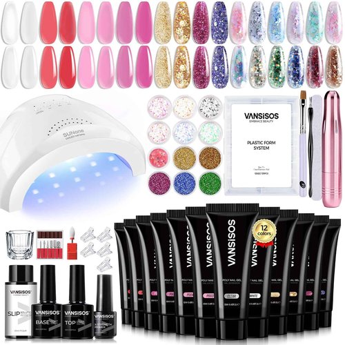 VANSISOS Poly Nail Gel Starter Kit：Poly Nail Gel Kit with Lamp 6 Colors Professional Kit with Base Top Coat Nude Clear Complete Kit for Beginners Nail Solutions DIY at Home