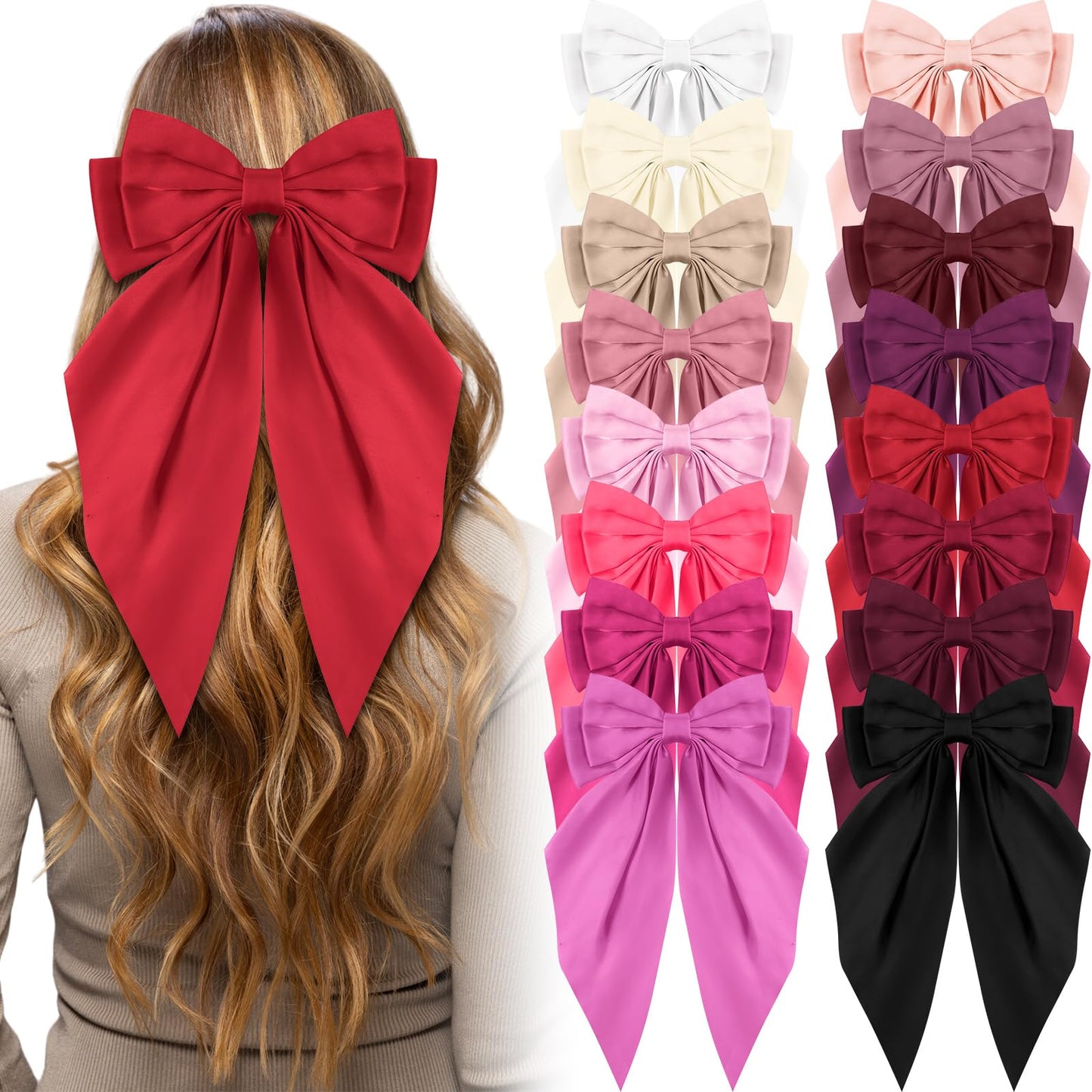 Hoteam 16 Pcs Silky Satin Hair Bows Bulk for Women Large Hair Ribbons Oversized Bows Big Hair Bows Big Bow Hair Clips Oversized Long Tail Large Bow-knot Hair Clips Hair Accessories Gifts (Vibrant)