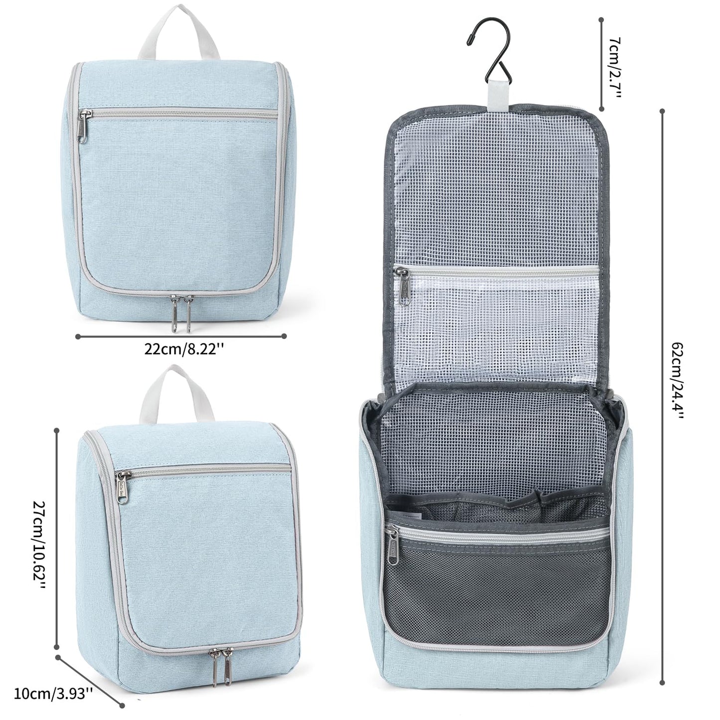 Della Gao Travel Toiletry Bag, Hanging Toiletry Bag for Men and Women, Water-resistant Makeup Bag Cosmetic Toiletries Organizer, Bathroom Bag, Durable Nylon, Light Blue