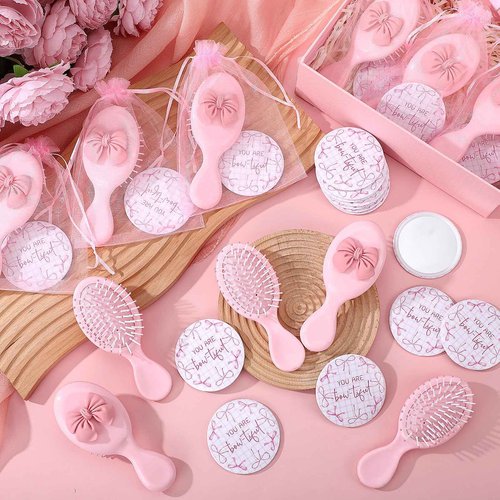 Wonderjune 24 Set Coquette Bow Party Favor Compact Mirror Pink Mini Hair Brush Organza Bag Inspirational Aesthetic Preppy Gift for Women Christmas Birthday Bridal Baby Shower Wedding Party Decoration