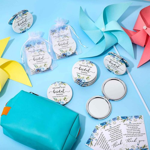 XunYee 30 Sets Bridal Shower Favors for Guests Flower Design Makeup Mirrors Leather Compact Mirrors Bridal Thank You Cards with Organza Bags Bridesmaid Gifts Wedding Party Favors Supplies (Blue)