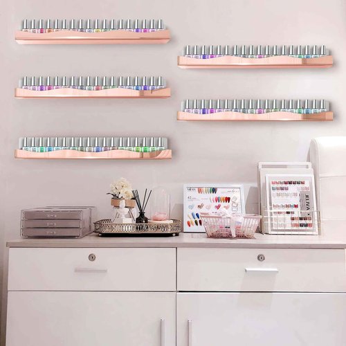 Wall-Mounted Nail Polish Organizer Rack - 15-Inch Rose Gold Mirror Finish Nail Polish Shelf, Makeup & Beauty Essentials Storage - Multi-Purpose Display Holder for Small Space, Vanity Bathroom, 6 Pack