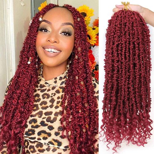 ZRQ Butterfly Locs Crochet Hair With Curly Ends 24 Inch 6Packs Burgundy Distressed Butterfly Faux Locs Pre looped Synthetic Goddess Soft Locs Hair Extensions for Women (24 Inch, bug#)