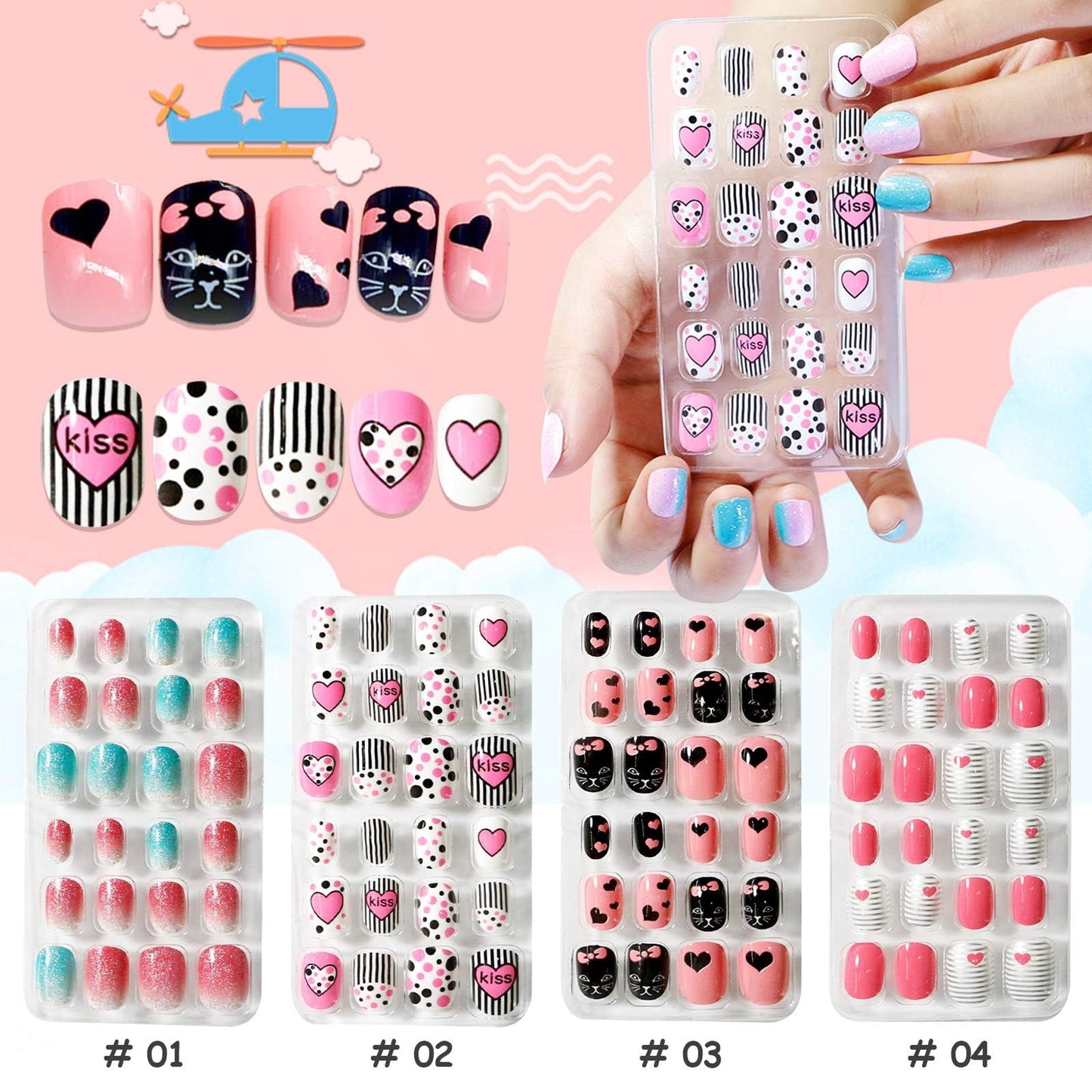 Kalolary 288PCS kids False Nail, Press on Pre-glue Full Cover Candy Pattern Short False Nail Kits with 48PCS Nail Adhesive Tabs, Valentine's Day Lovely Gift for Kids Little Girls Nail Art Decoration