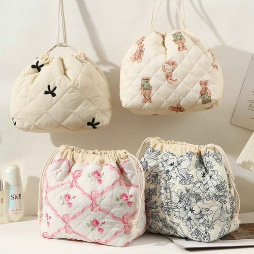 SURBEAV Aesthetic Cotton Quilted Drawstring Makeup Bag - Cute Travel Toiletry Organizer with Canvas Lining, Lightweight and Durable Cosmetic Pouch for Women Girls (Navy blue flower)