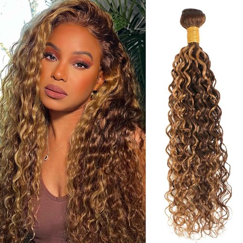 ALHER 12A Water Wave Ombre Single Bundles, Soft Thick P4/27 Honey Blonde Highlight Bundles Wet and Wavy, Brown Highlight Colored Curly Human Hair Bundles 100% Brazilian Virgin Remy Hair 12 Inch