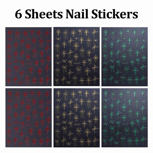 6 Pcs Christmas Gift Bow Nail Art Stickers 3D Self-Adhesive Nail Decals Gold Red Green Gift Bow-Knot Nail Stickers Winter Christmas Nail Art Supplies New Year Manicure Decoration for Women
