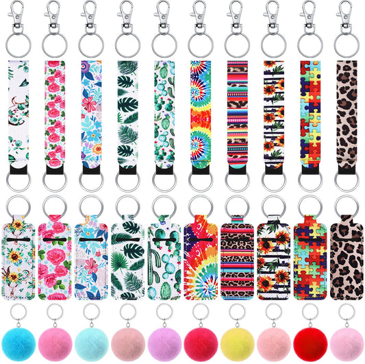 Junkin 40 Pcs Lipstick Holder Keychain Clip on Lipstick Pouch Fluffy Ball Keychain with Keyring (Multiple Style)